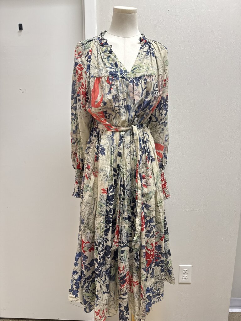 Memories of Ancient Romania Ecru Floral Belted Maxi Dress