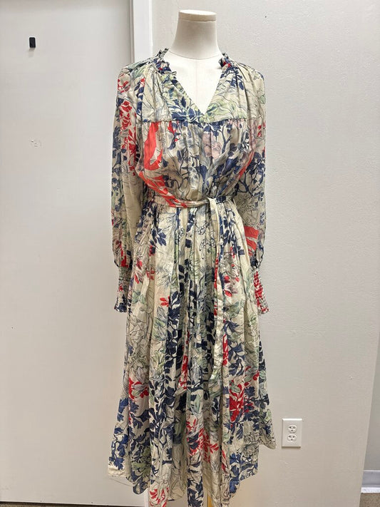 Memories of Ancient Romania Ecru Floral Belted Maxi Dress