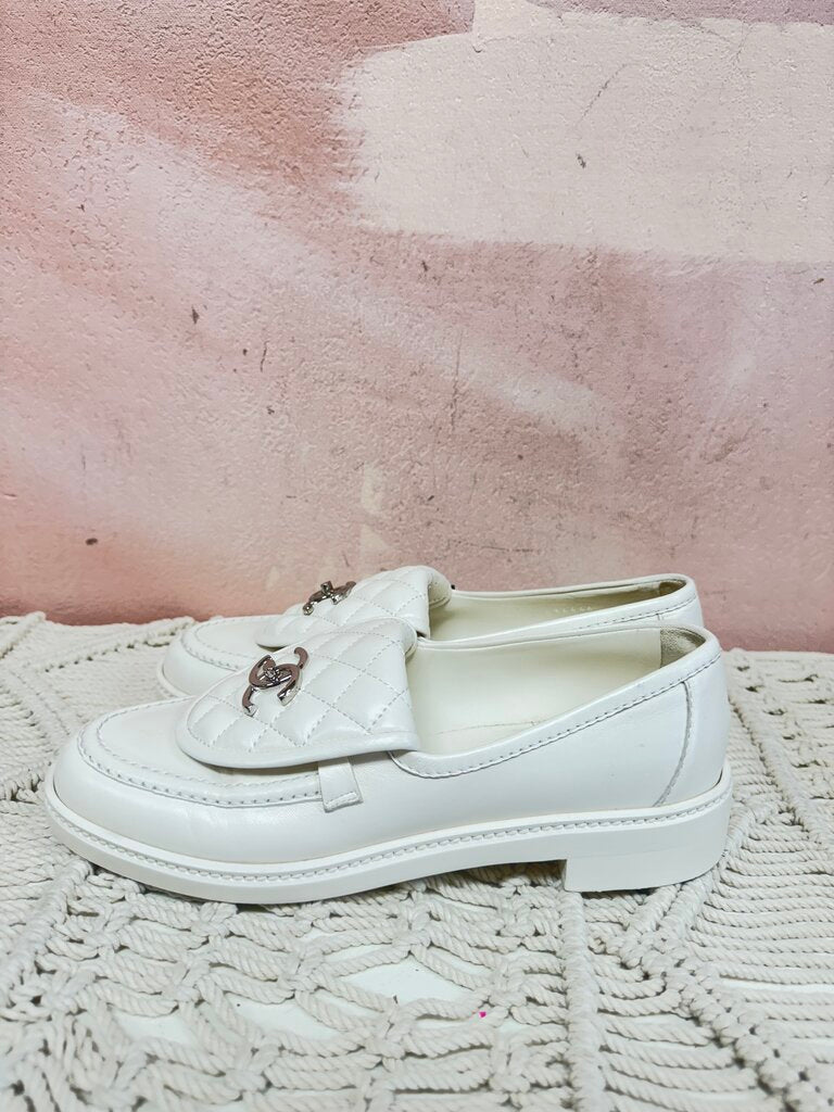 Chanel White Quilted Loafer