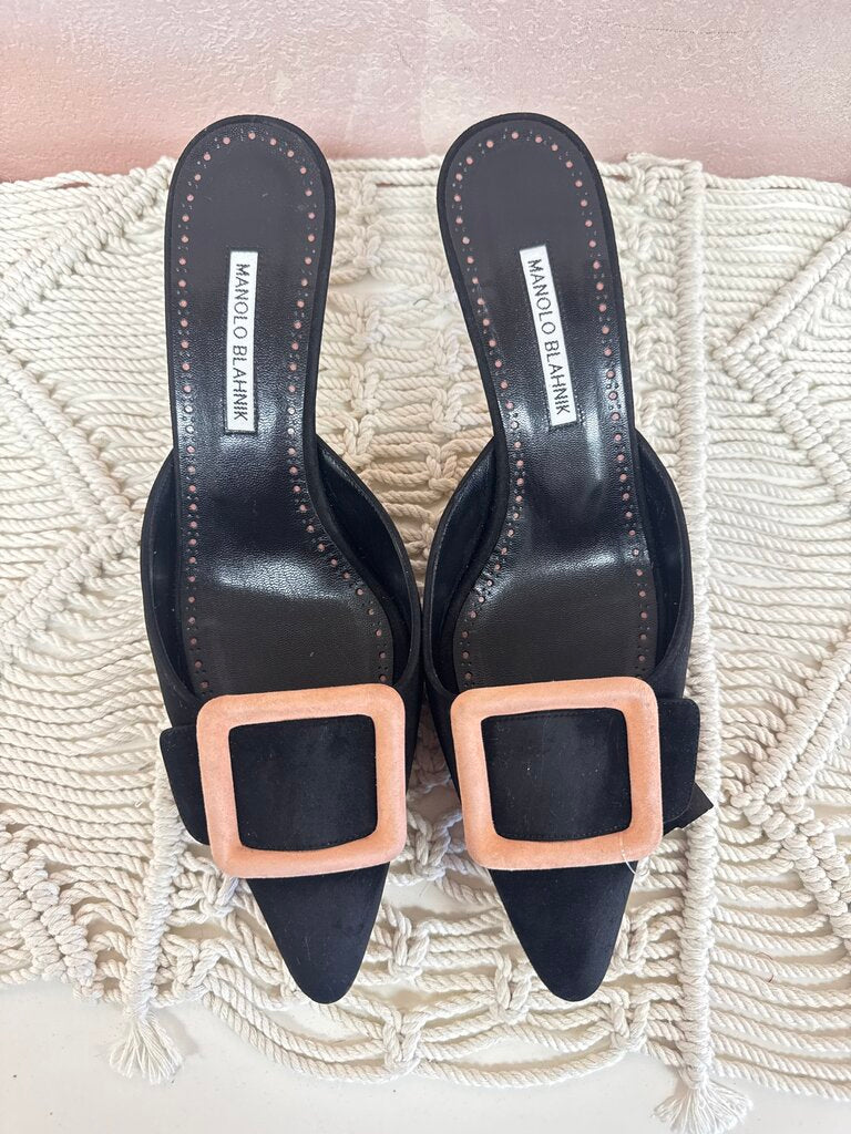 Manolo Blank Black Suede Buckle Mule