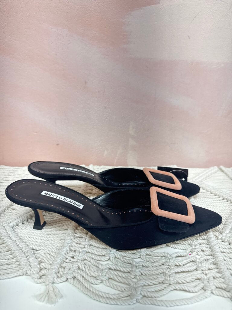Manolo Blank Black Suede Buckle Mule