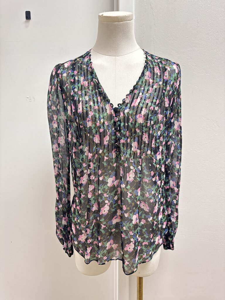 Veronica Beard Black Floral Sheer Pintuck Blouse