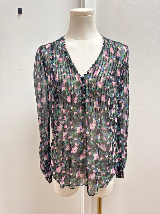 Veronica Beard Black Floral Sheer Pintuck Blouse