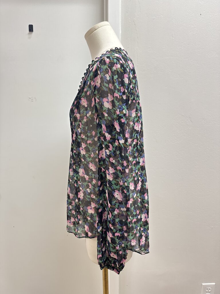 Veronica Beard Black Floral Sheer Pintuck Blouse