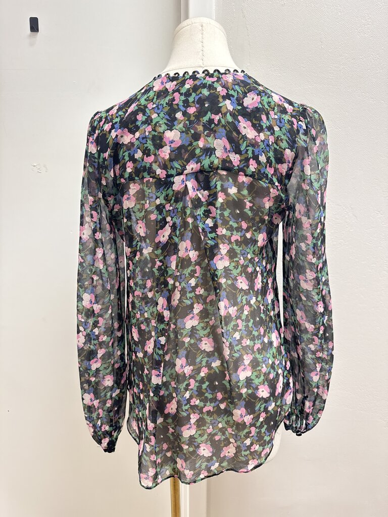 Veronica Beard Black Floral Sheer Pintuck Blouse