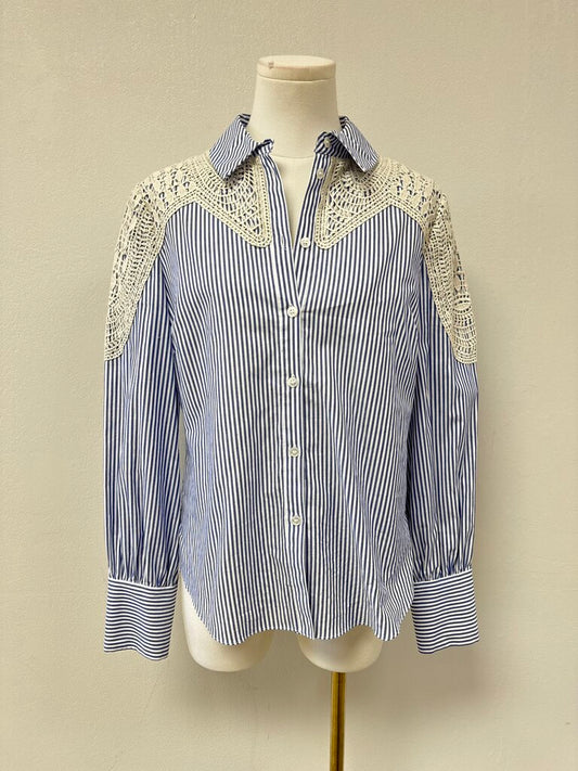 Veronica Beard Blue Striped and Lace Button Up