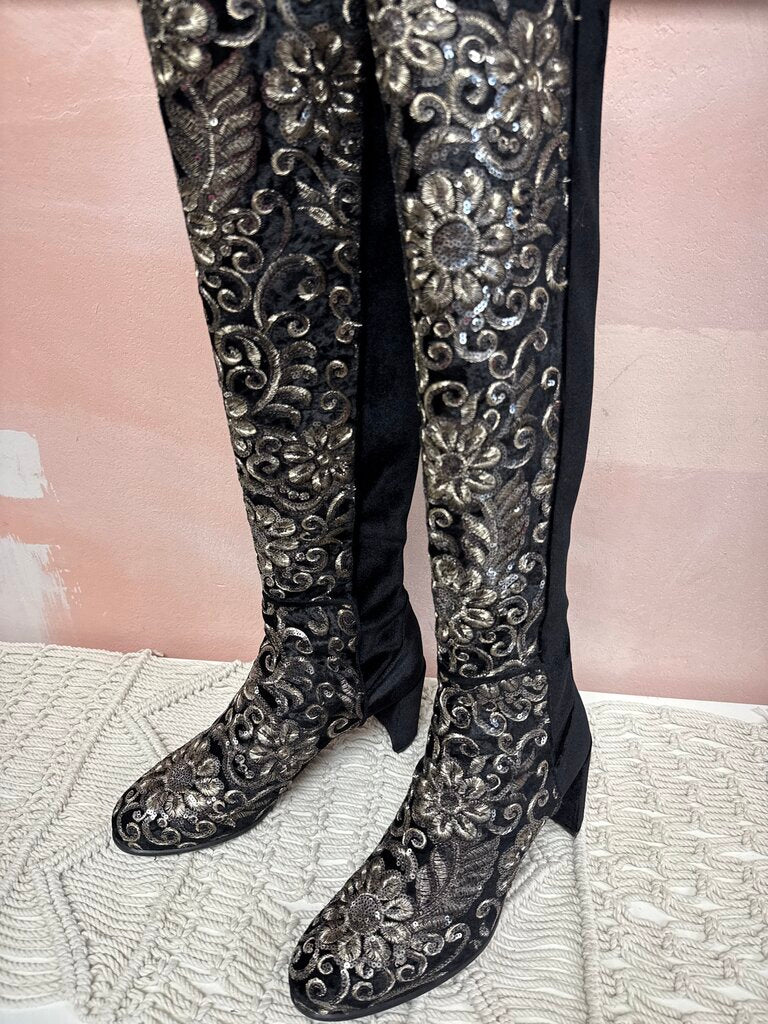 Stuart Weitzman Black Velvet Beaded Over the Knee Boot w/Dustbag