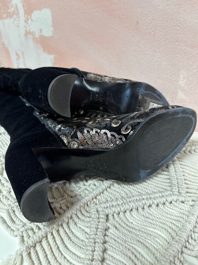 Stuart Weitzman Black Velvet Beaded Over the Knee Boot w/Dustbag
