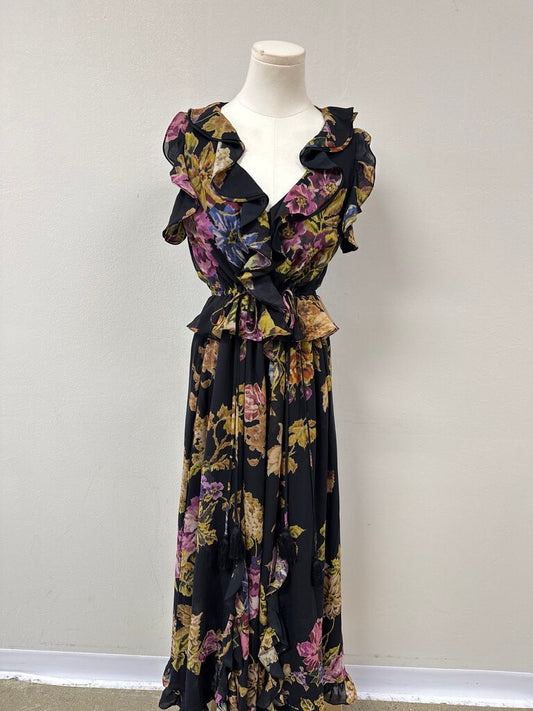 Kobi Halperin Black Floral Ruffle Maxi Dress NWT