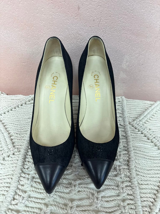 Chanel Black Suede Cap Toe Pump w/Dustbag