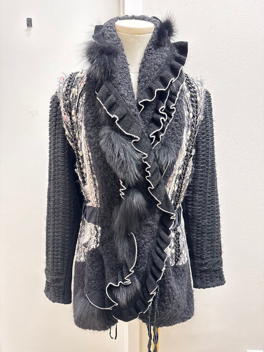 Tricot Chic Black and White Fur Detail Knit Jacket and Scarf