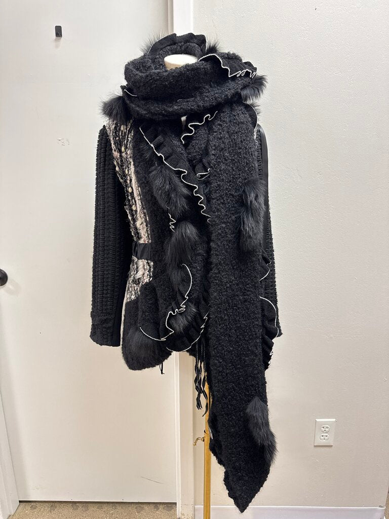 Tricot Chic Black and White Fur Detail Knit Jacket and Scarf