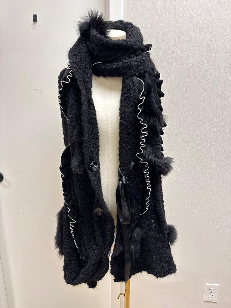 Tricot Chic Black and White Fur Detail Knit Jacket and Scarf