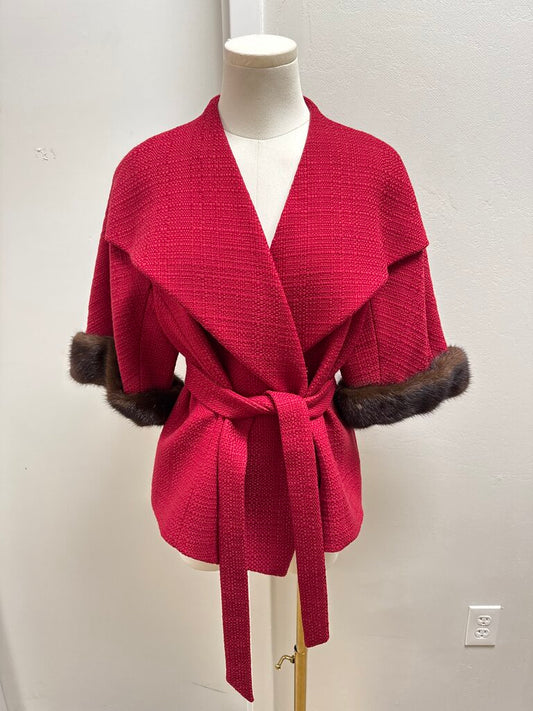 Escada Red Fur Trim Belted Cropped Jacket