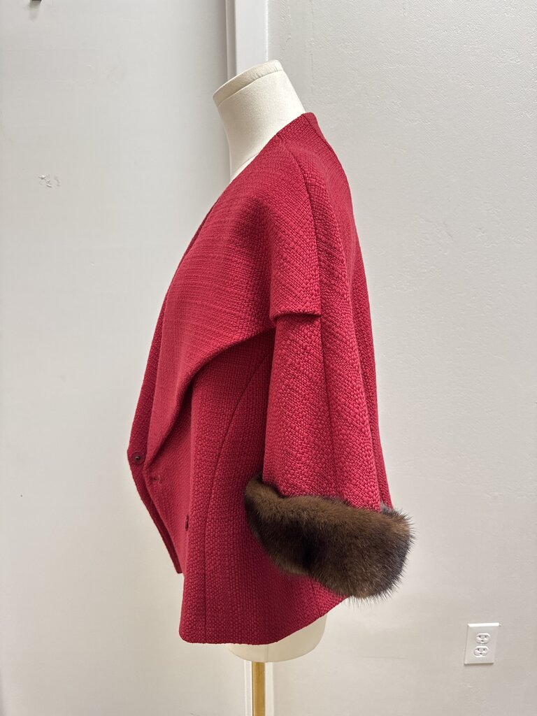 Escada Red Fur Trim Belted Cropped Jacket