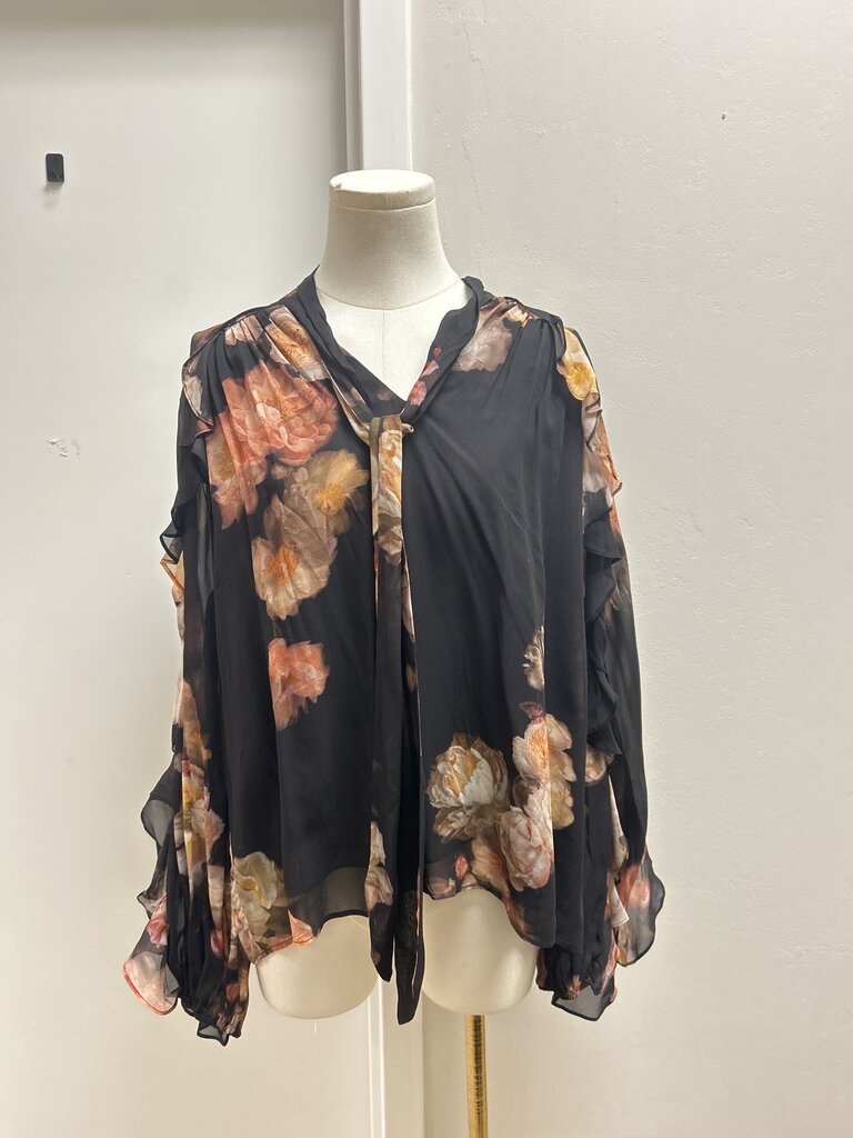 Zimmermann Black Floral Ruffle Blouse