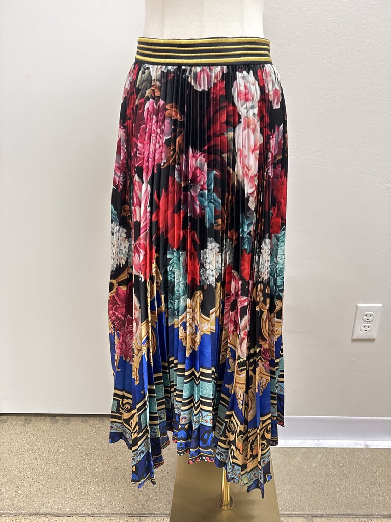 Alice + Olivia Black Floral Pleated Midi Skirt