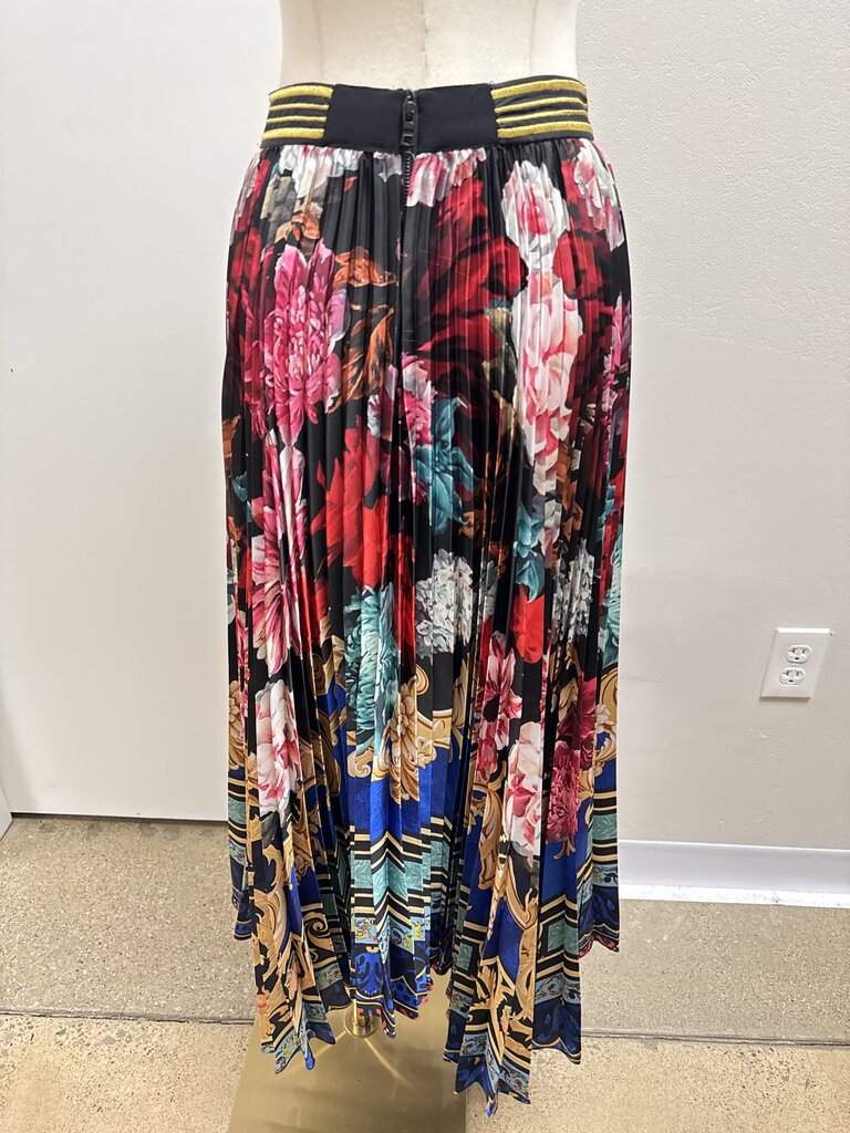 Alice + Olivia Black Floral Pleated Midi Skirt