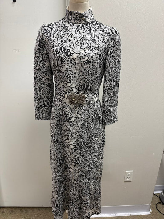 Andrew Gn Silver and Black Brocade Belted Maxi Dress (As Is)