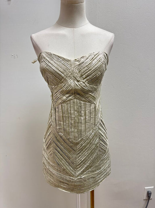 John Paul Ataker Gold Pleated Strapless Dress NWT