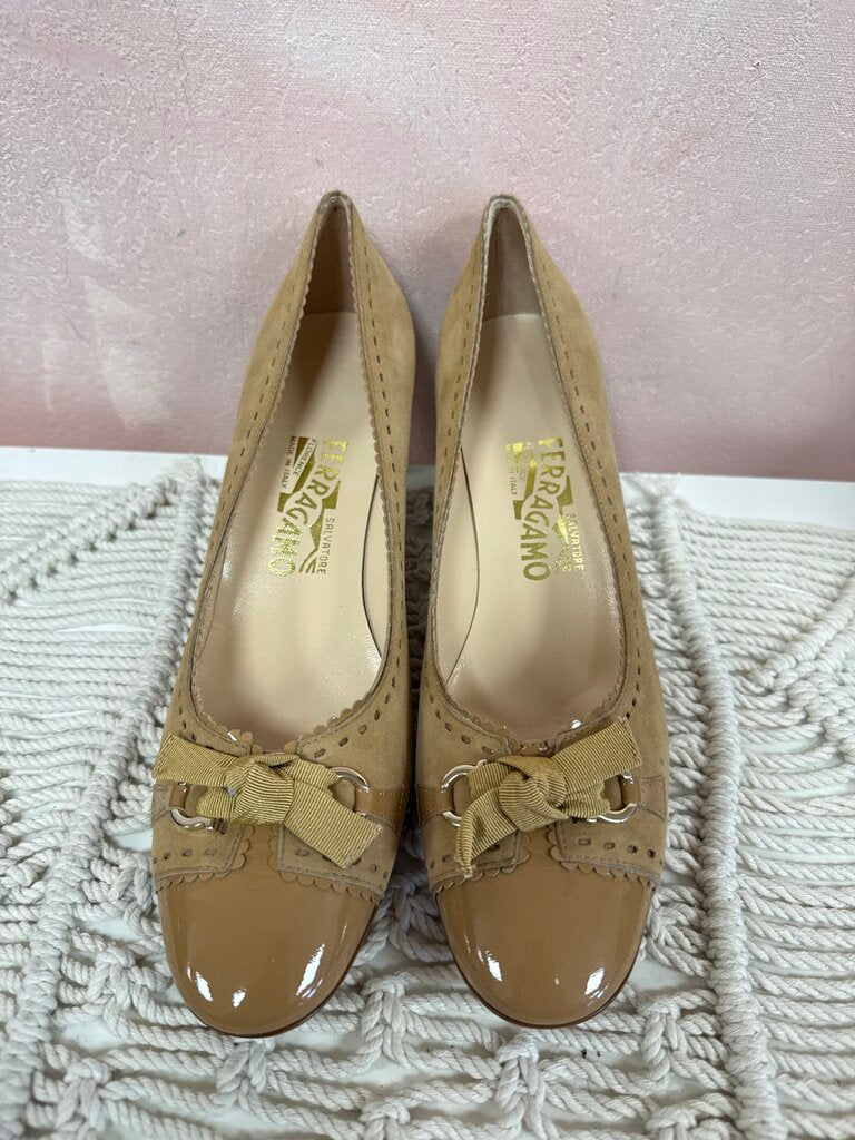 Ferragamo Tan Suede and Patent Cap Toe Pump NWT