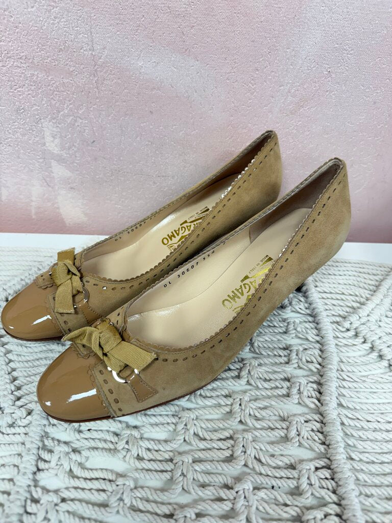 Ferragamo Tan Suede and Patent Cap Toe Pump NWT