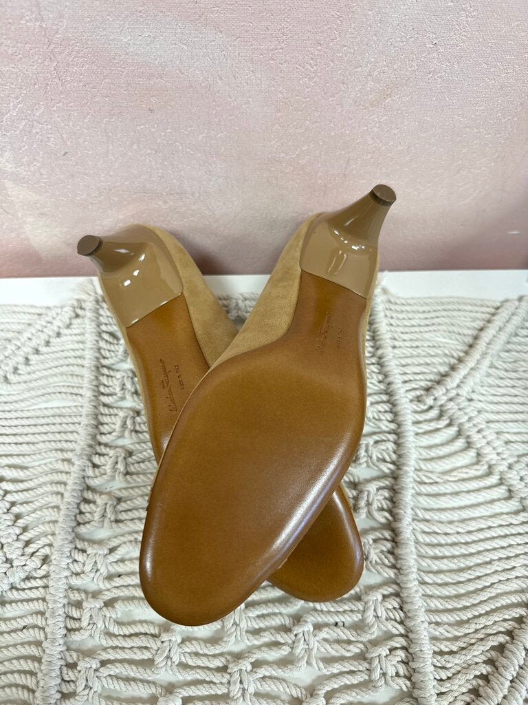 Ferragamo Tan Suede and Patent Cap Toe Pump NWT