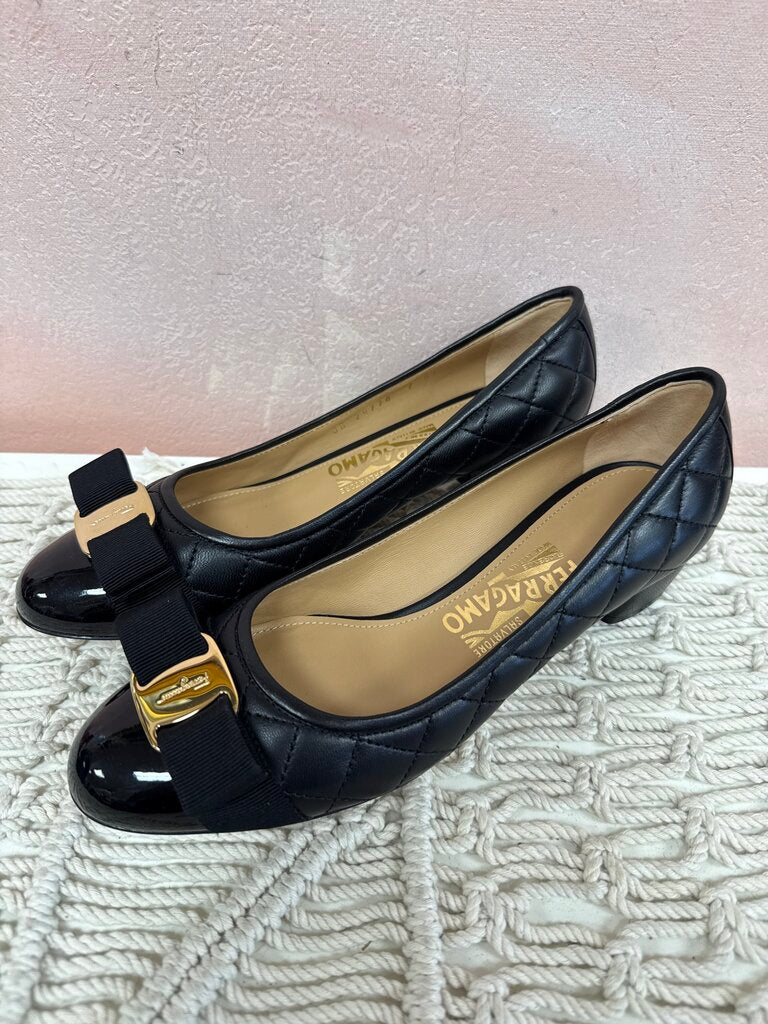 Ferragamo Black Patent and Leather Quilted Cap Toe Bow Pump NWT