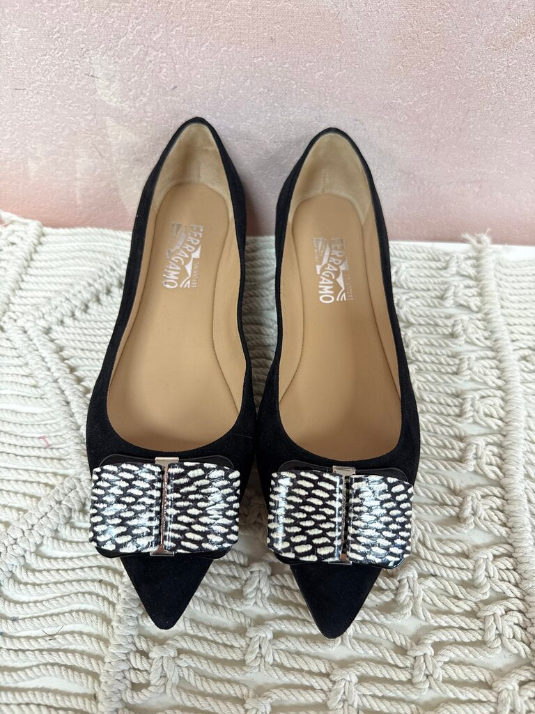 Ferragamo Black Suede Bow Flat NWT