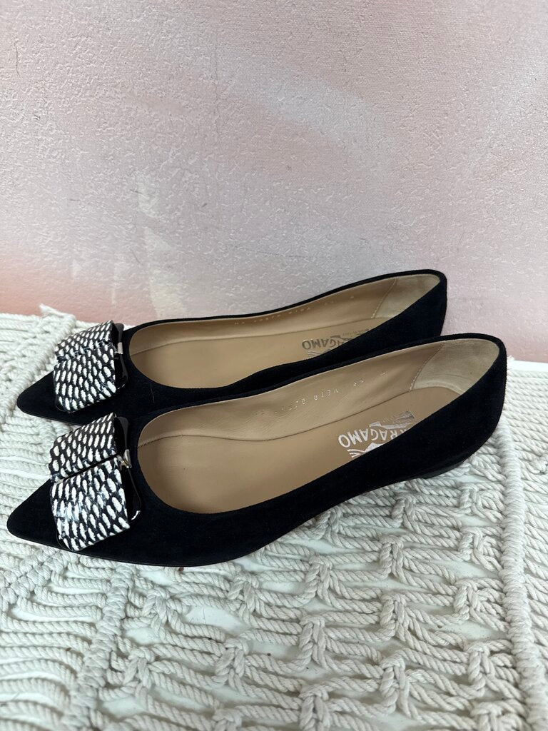 Ferragamo Black Suede Bow Flat NWT