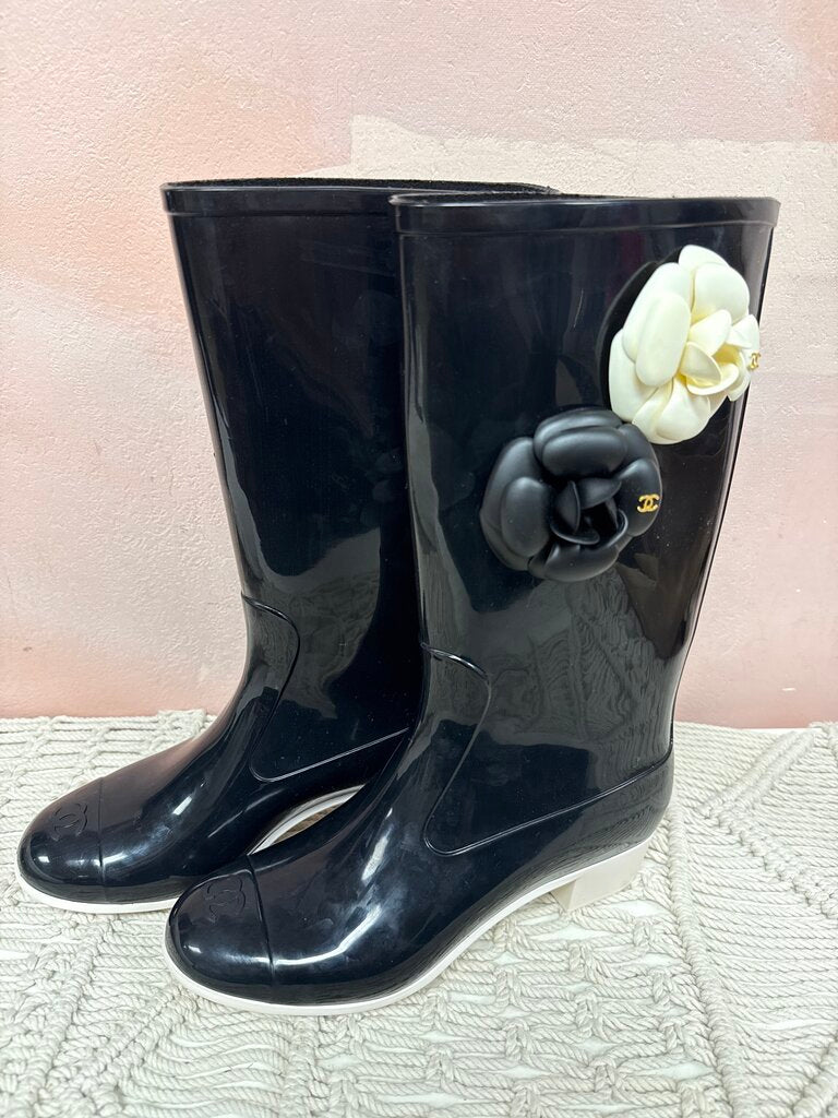 Chanel Black Camellia Rubber Boot