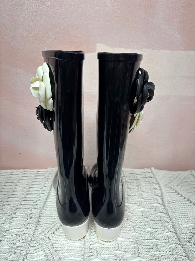 Chanel Black Camellia Rubber Boot