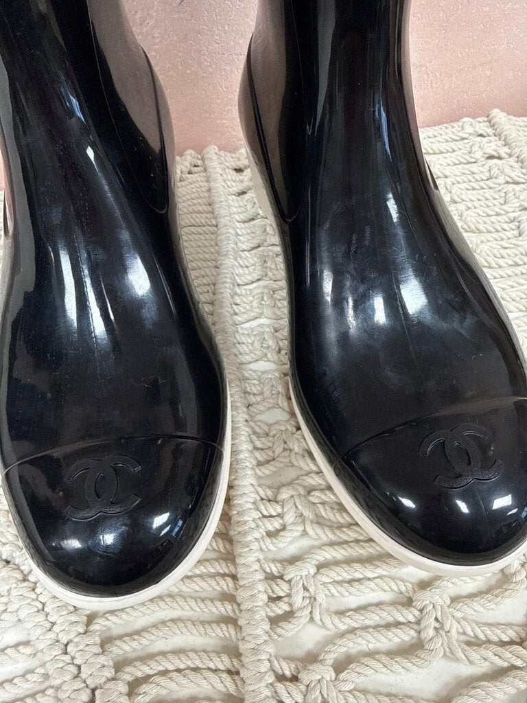 Chanel Black Camellia Rubber Boot