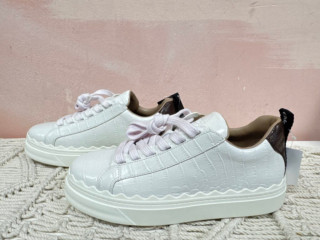 Chloe White Lauren Crocodile Embossed Sneaker NWT w/Box