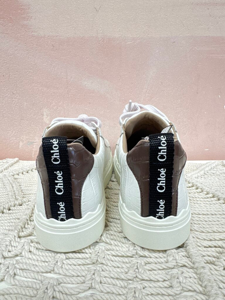 Chloe White Lauren Crocodile Embossed Sneaker NWT w/Box