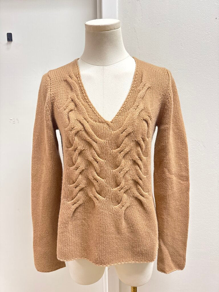 Les Copains Camel Cable Knit V-Neck Sweater