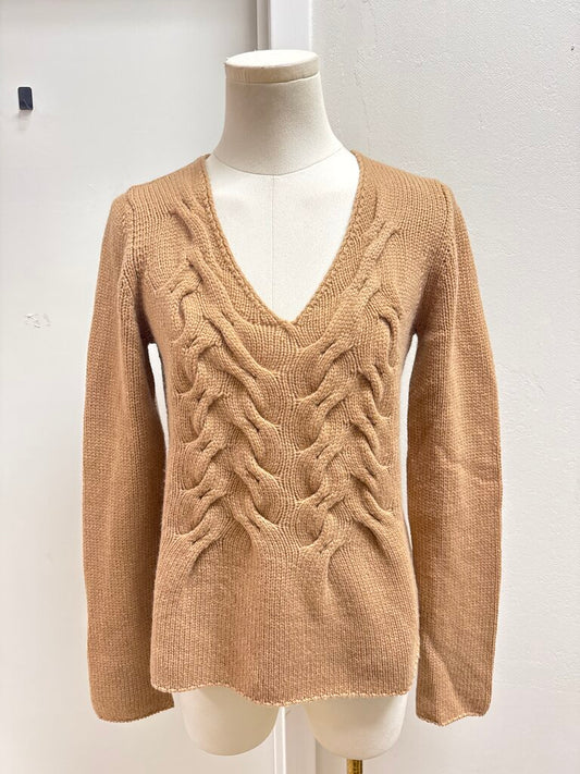 Les Copains Camel Cable Knit V-Neck Sweater