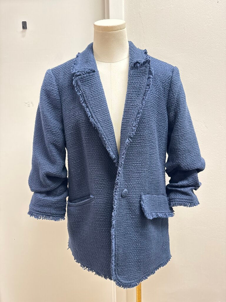 Cinq a Sept Blue Tweed Ruched Sleeve Blazer