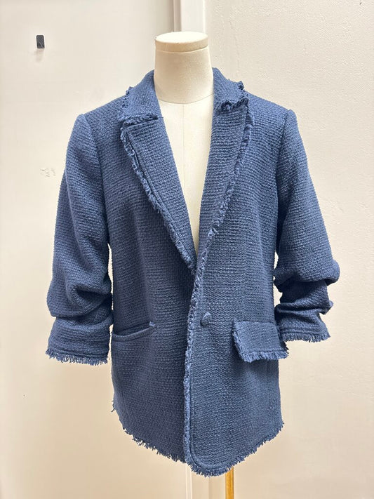Cinq a Sept Blue Tweed Ruched Sleeve Blazer