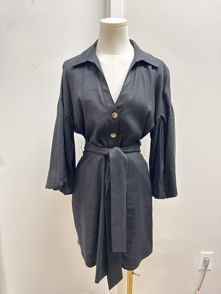 Veronica Beard Black Belted Puff Sleeve Dress