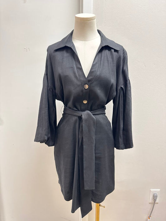 Veronica Beard Black Belted Puff Sleeve Dress