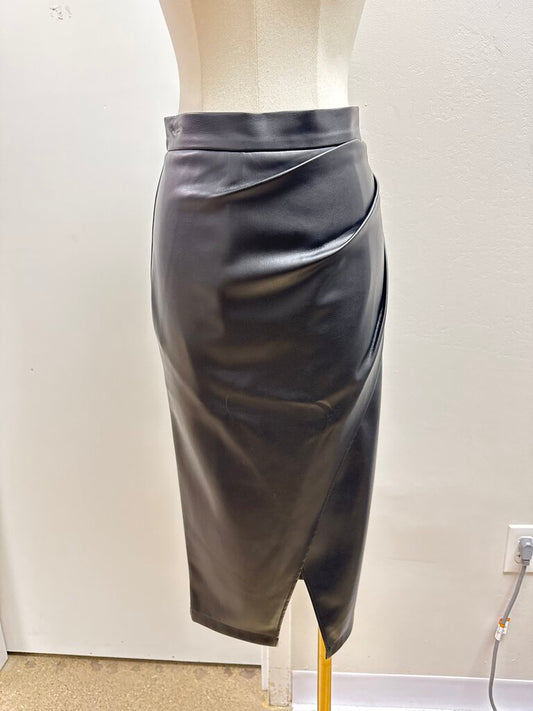 Elie Tahari Black Faux Leather Ruched Midi Skirt NWT