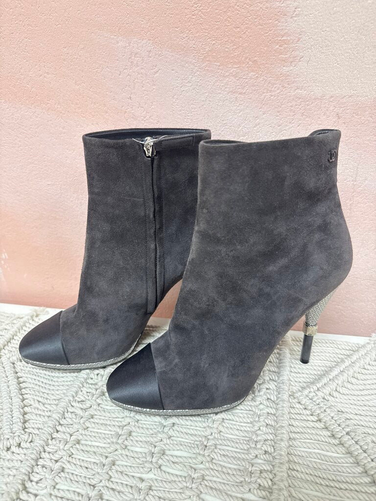 Chanel Grey Suede and Satin Cap Toe Bootie w/Box