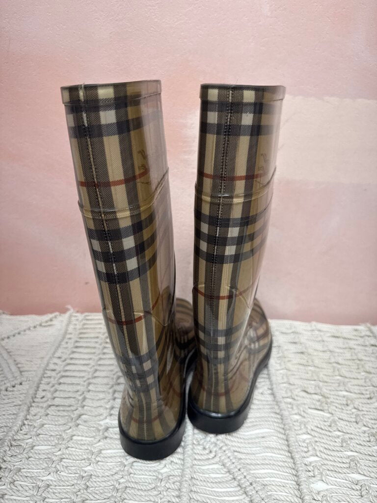 Burberry Tan Plaid Rubber Boots