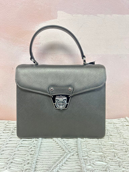 Ferragamo Pewter Iconic Top Handle Satchel w/Dustbag