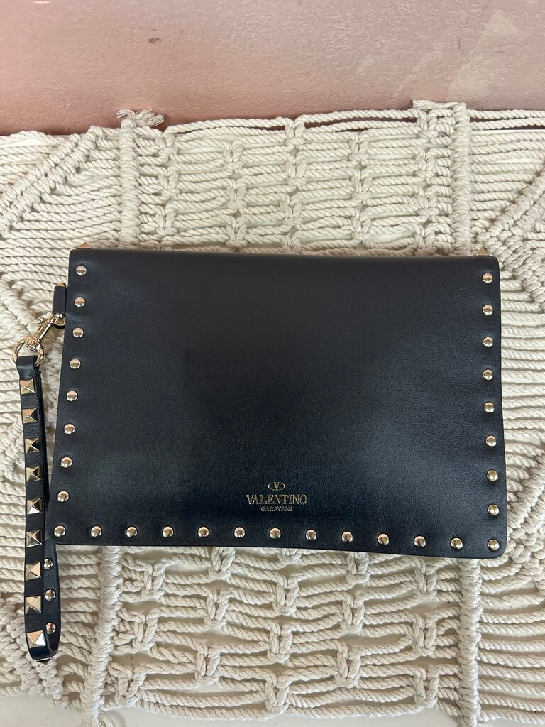 Valentino Black Rockstud Flat Pouch w/Dustbag