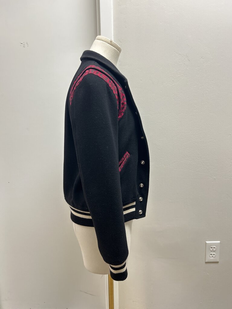 Saint Laurent Black Teddy Leopard Print Bomber Jacket