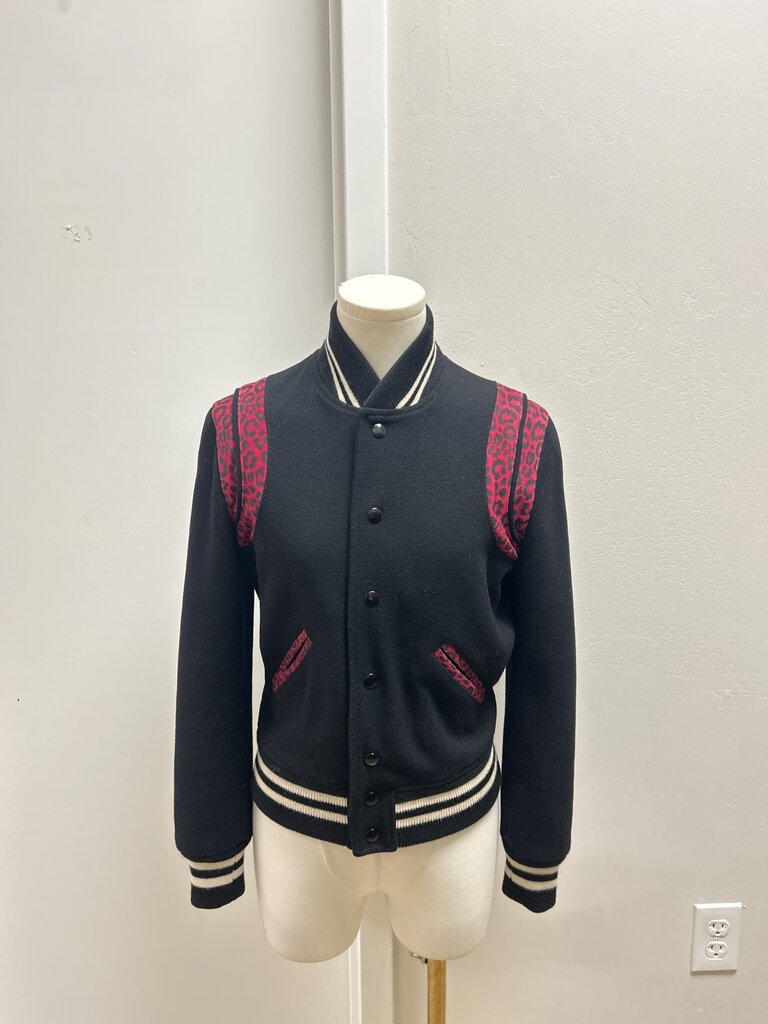 Saint Laurent Black Teddy Leopard Print Bomber Jacket