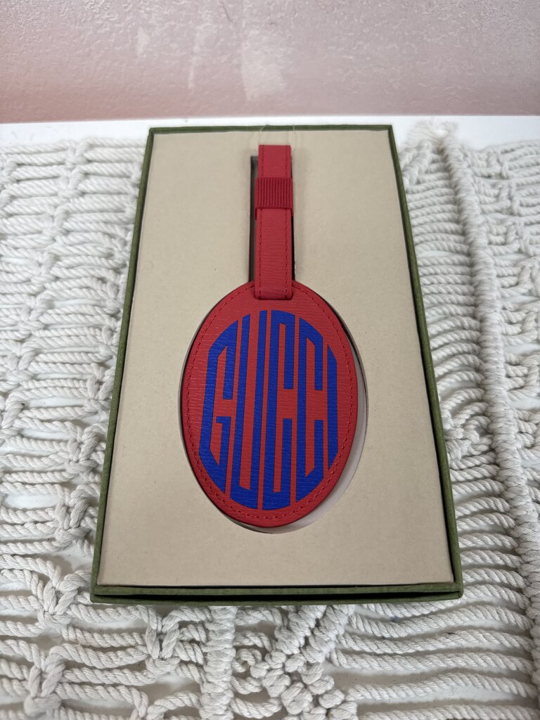 Gucci Red Leather Logo Luggage Tag w/Box