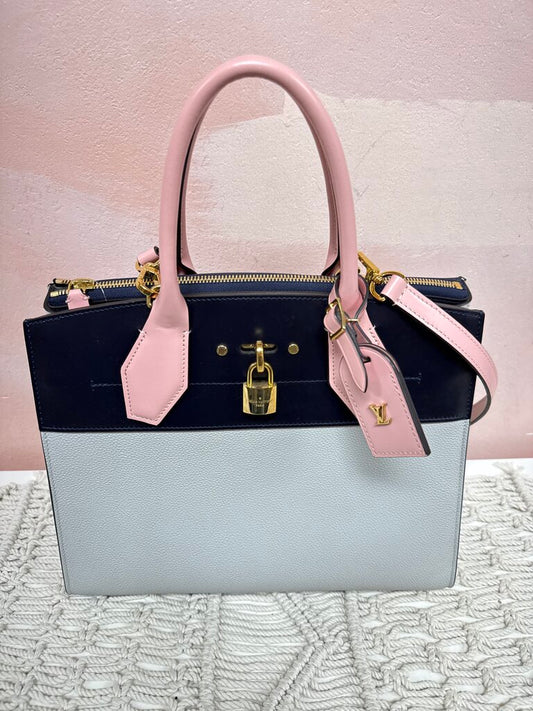 Louis Vuitton Stone and Pink Pebbled City Steamer MM Satchel '19 W/Dustbag